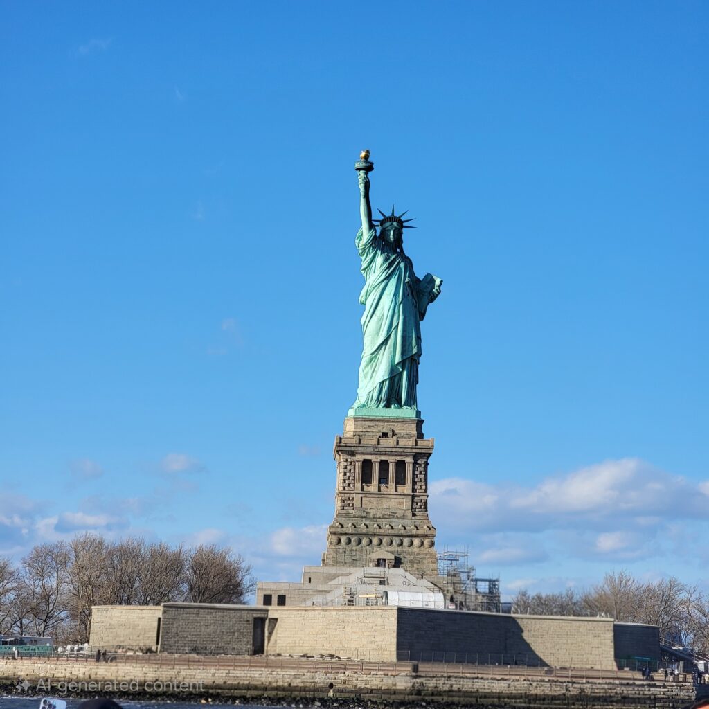 Statue of Liberty with leafless trees and stone pedestal, set against a blue sky—representing one of the hidden gems in New York and a beacon of democracy.