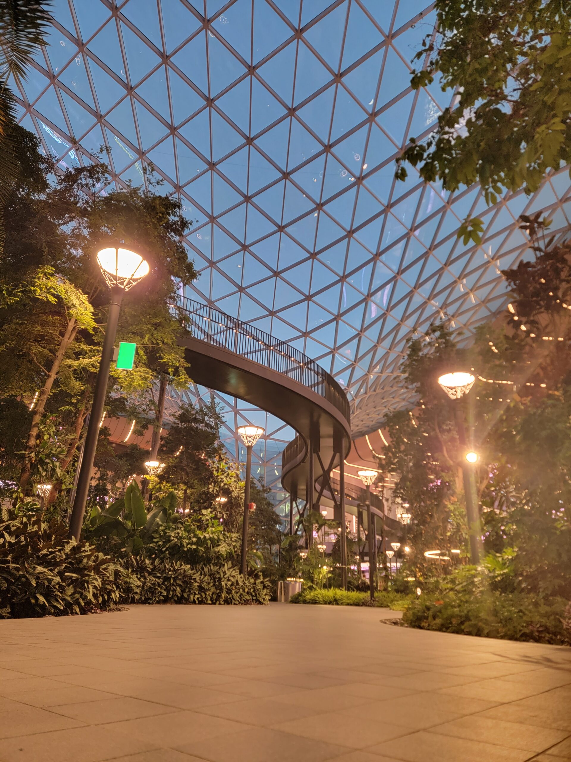 Indoor garden at Hamad International Airport featuring lush greenery, a geometric glass dome ceiling, and a curved elevated walkway—showcasing the best of Qatar’s airport design.