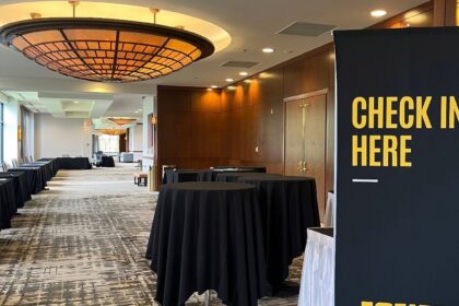 Hallway with banner welcoming to the EBP conference in Iowa